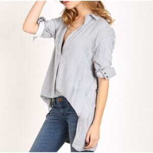 Free People On The Road Blue White Striped Popover Tunic Top Size Large